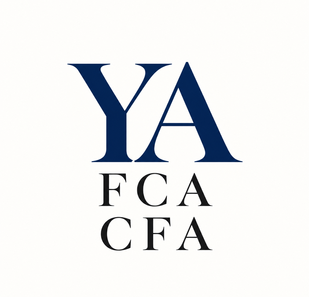 Yemi Adeyemi FCA CFA logo featuring navy blue YA initials above black FCA and CFA professional qualifications.